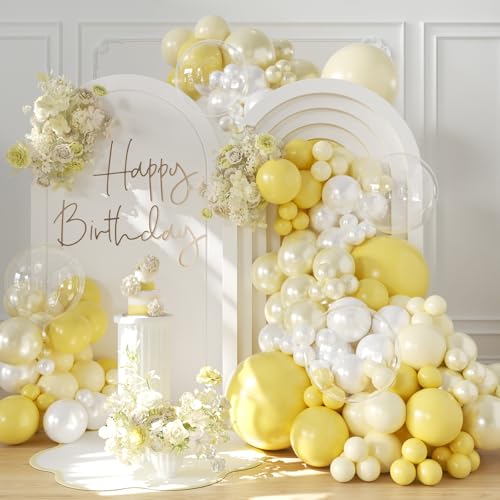 Yellow Balloon Arch Kit 126Pcs Double Stuffed Pearl Yellow White Clear Balloons for Wedding Baby Shower Bridal Shower Engagement Birthday Party Decorations