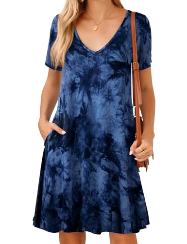 Image of JollieLovin Women T Shirt Plus Size Summer Swing Dresses Short Sleeve V Neck Loose Casual Dress(L-5X)
