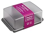 preiswert und praktisch homiez Butterdose, Butterbox, Butterbehälter für ein Butterstück (250g), milchig transparenter Deckel, metallic-silber farbiger Boden