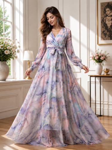 Image of LITZO Women's One Piece Dress - Georgette Floral Printed Western Gown | Long Sleeve V Neck Fit & Flare Flared Hem Design | A-Line Maxi Dress for Women | New Year Party Outfit (NO-08-10)