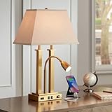 Possini Euro Design Deacon Modern Desk Table Lamp with USB and AC Power Outlet in Base LED Gooseneck 26' High Antique Brass Oatmeal Linen Drum Shade for Living Room Bedroom Bedside Nightstand