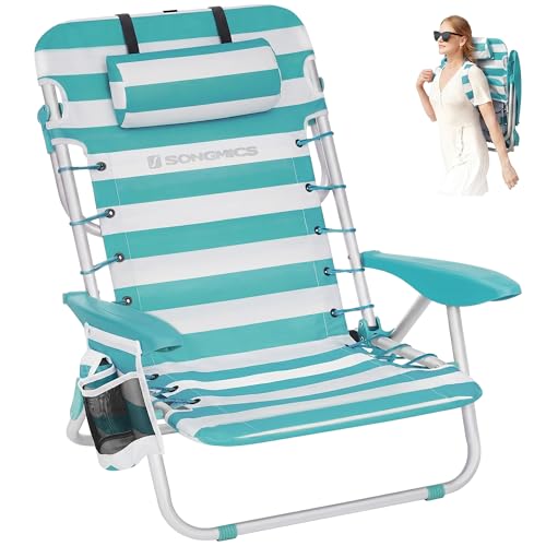 SONGMICS Portable Backpack Beach Chair, 331 lb Capacity, 4 Angles Adjustable Backrest, 2 Side Pockets, Towel Bar, Green and White UGCB62JW