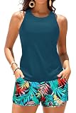 Daci Teal and Leaves Tankini Swimsuits for Women - Tummy Control Two Piece Bathing Suits with Shorts High Neck Swimwear Two Side Pockets M