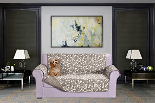 Elegant Comfort Quilted Furniture Protectors Solid and Printed Design Reversible Slipcovers Featuring Elastic Straps and Smart Pockets Great for Pets, Kids and More, Smart Leaf Loveseat, Cream