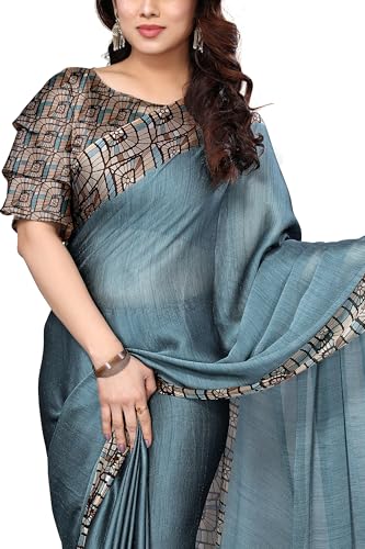 Image of MIRCHI FASHION Saree for Woman Chiffon Georgette Solid with Contrast Border | Lightweight Daily Wear Women's Sari and Printed Blouse Piece