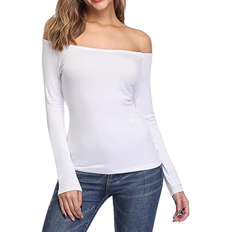 fuinloth Women's Off Shoulder Tops, One Shoulder Shirts, Long Sleeves Sexy Slim Fit Tees - White - X-Small Cover