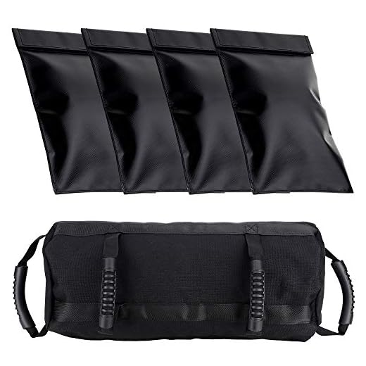 Sandbag for Fitness - Home Exercise Training Set - Workout Bag with 4 Removable Pouches - 6 Comfortable Handles - Add Your own Sand to Adjust Weight from 10 to 60 lbs. - Heavy-Duty Polyester Material