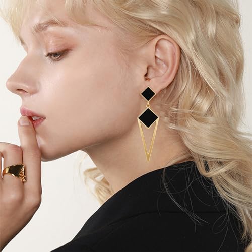 14k Gold Enamel Hollow Triangle Dangle Drop Earrings Black Square Geometry Stud Earrings For Women4