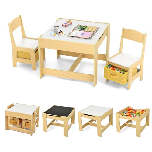 GOPLUS Table Enfant avec 2 Chaises, 3-en-1 Petite Table de Dessin, Réversible à Double Face avec Tableau Noir, 2 Boîtes de Rangement, Bureau Enfant...