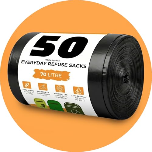 Roe Tenpo 50 Pack Bin Bags - 70L, 30 Microns Bin Liners, Strong & Durable, Tear Resistant Refuse Sack, Black Bin Bags for Everyday Use, Household & Commercial Use