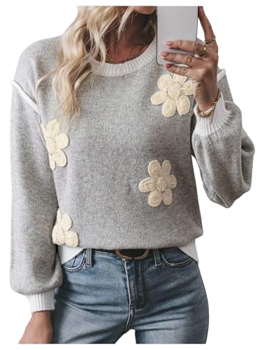 Image of RoseSeek Women's 3D Floral Appliques Crewneck Sweaters Long Sleeve Drop Shoulder Pullovers Elegant Knit Tops