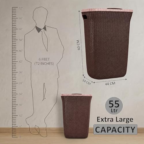 Image of KITCHIVO Plastic Large 55 Ltr Laundry Basket with Lid & Handle | Multipurpose Hamper Bins Storing Washable Clothes, Blankets | Household Ideal for Home & Bathroom (Marriott Brown Laundry Basket)