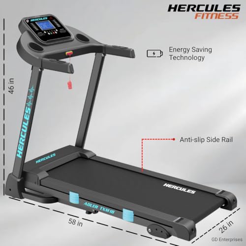 Image of Hercules Fitness Adler TXM18 1.25 HP / 2.5 HP Peak DC Motorized Treadmill Max Speed 12 Km /Hr Max User Weight 110 KG Bluetooth Speaker Foldable Structure Gym Equipment