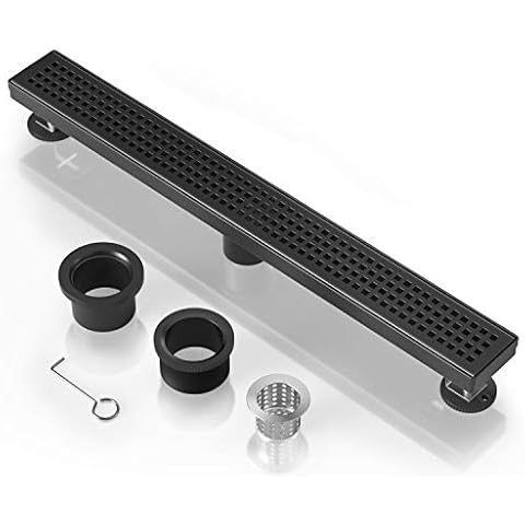 EXF Linear Shower Drain 24 Inch Matte Black, Stainless Steel Rectangular Shower Floor Drain with Grid Cover, Adjustable Feet and Hair Strainer Cover