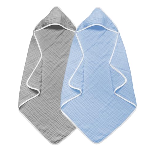 Arnzion 2 Pack Baby Hooded Bath Towel - 100% Muslin Cotton, 32x32 Inch, Gray & Blue with White Trim, Soft Absorbent Newborn Infant Toddler Towel