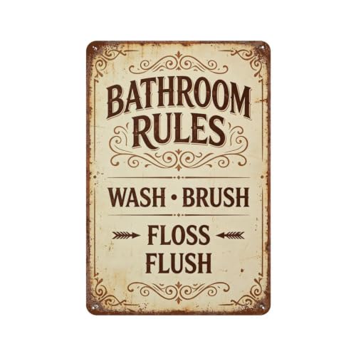 Vintage Bathroom Rules Metal Tin Sign - Wash Brush Floss Flush Wall Decor