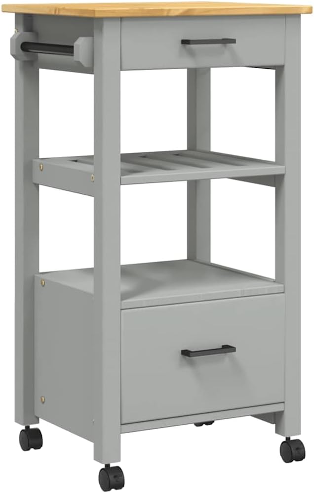 vidaXL Solid Pine Wood Kitchen Trolley - Rolling Cart with Drawers, Shelves, Hooks, Brown Honey Wax Finish, 18.9x15.7x35.4 in, Versatile Use