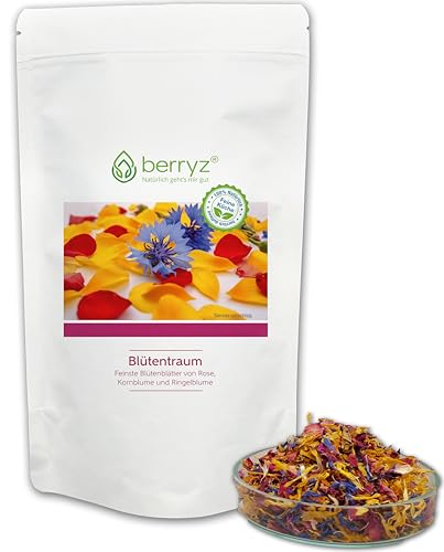 Essbare Blüten 25g Duftend Farbenfroher Blütenmix | Rosenblüten Ringelblumenblüten Kornblumenblüten | Bunte Blütenmischung Essblüten-Mischung