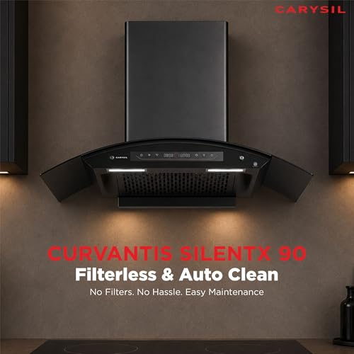 Image of Carysil Curvantis SilentX 90 cm BLDC Motor Kitchen Chimney, Curved Shape, 1800 m /hr Suction, Auto-Clean Filterless, 9+ Turbo & Gesture Control, LED Lamp, 12-Year Warranty - Black