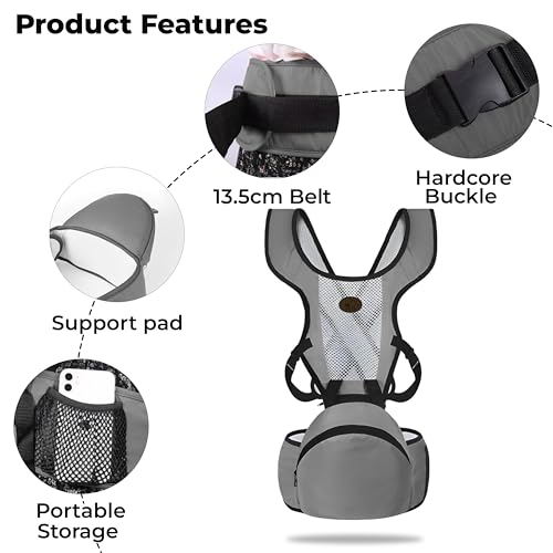 Image of Bembika Baby Carrier with Hip Seat - Soft Kangaroo Bag & Sling Carrier, Multiple Carry Positions, Adjustable Infant Carrier for Hands Free Parenting -(3-24 Months | 3-15 Kg | Grey)