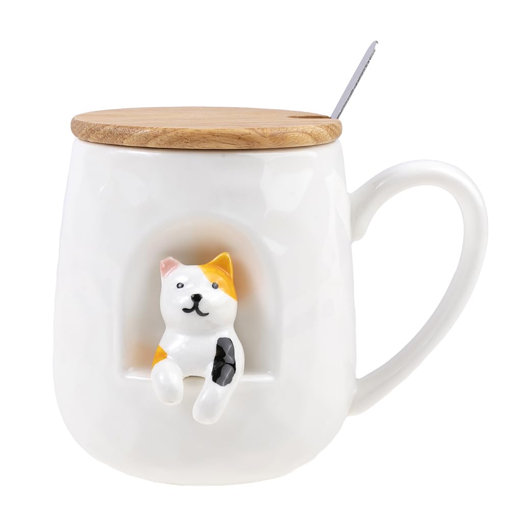 lachineuse - Mug Cat - 3D Relief - Happy Cat - Porcelain, Wood, Metal - 380 ML - with Lid and Spoon - Coffee, Tea, Chocolate, Cappuccino Cup - Original Gift Idea