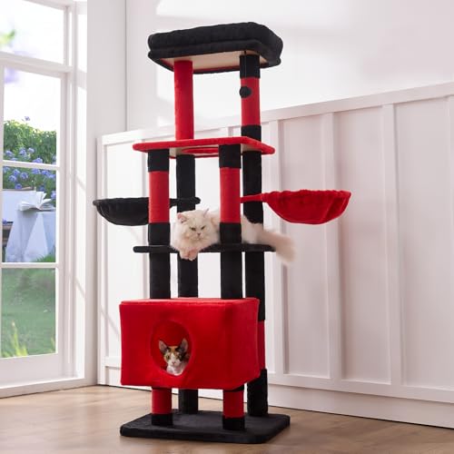 Image of Gardner Pet 65in Heavy Duty Cat Tree Tower for Large Cats, Multi-Level Cat Furniture with Replaceable Sisal Scratching Post, Hammock | Extra-Large Platform & Condo (Black Red, Basic φ:2.84 inch)