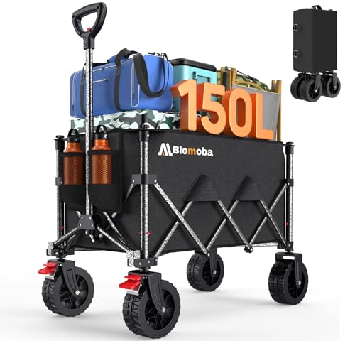Collapsible Wagon Cart, 150L Heavy Duty Foldable Beach Wagon with Wider Wheels & Auto-Rebound Handle, Utility Grocery Shopping Cart for Garden, Shopping, Camping, Sports, Black