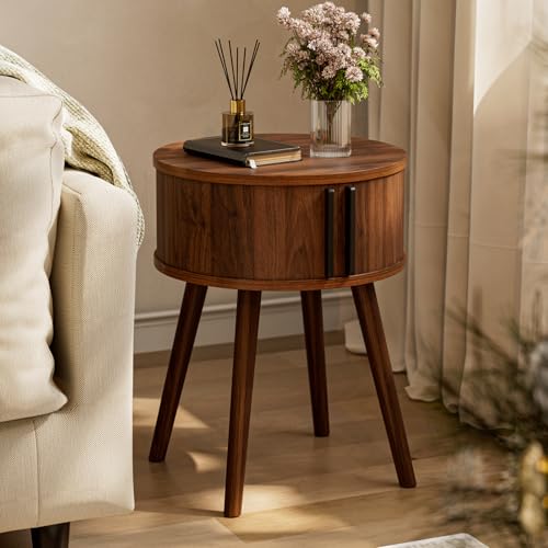 Image of ZttRiee Round Side Table with Sliding Doors, Mid-Century End Table, Walnut