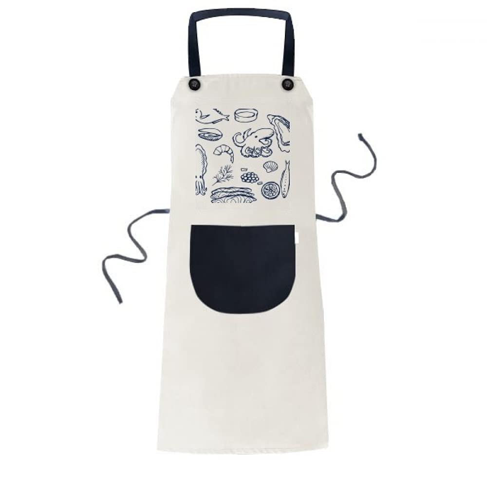 Seafood Fishing Resources Apron Adjustable Bib Cotton Linen BBQ Kitchen Pocket Pinafore
