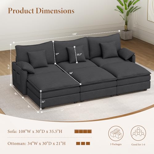Image of Vesgantti 108 inch Cloud Couch for Living Room, t6 Seats Deep Seat Sectional Modular Sleeper Sofa, Double Cushion Corduroy Sofa Bed Couches Easy Rearrange for Living Room, Apartment, Office, Dark Grey