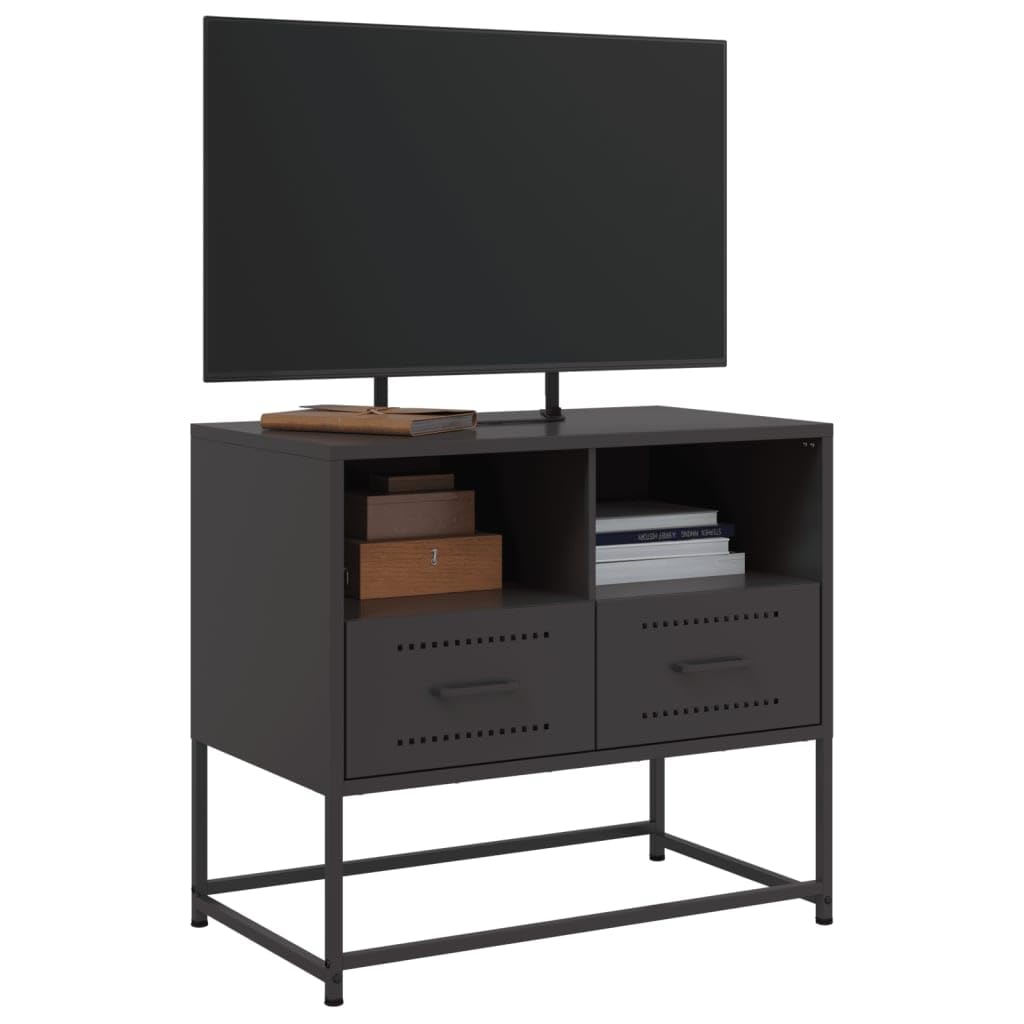 Szafka pod telewizor czarna, ze stali, 68 x 39 x 60,5 cm, z 2 szufladami i 2 przegródkami, zajmuje mało miejsca, do salonu, sypialni, kina domowego, gamingów z miejscem do przechowywania