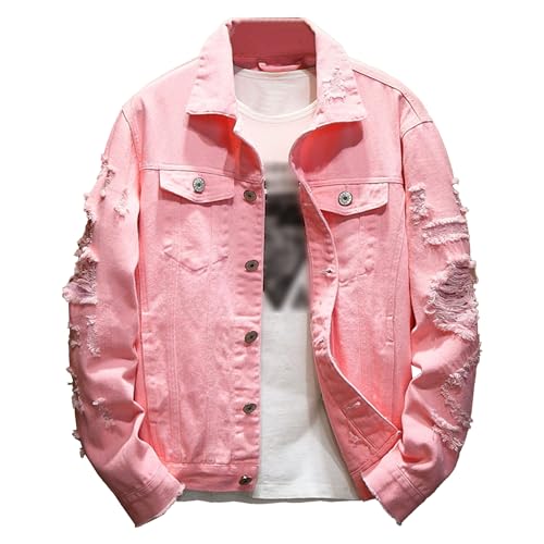 Men's Distressed Ripped Denim Jacket Long Sleeve Button Down Trucker Jacket Casual Holes Washed Jean Coat