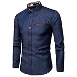 Pajiay Chemise Jean Homme Coupe Slim Couleur Unie/Revers Épissé Manches Longues Shirt Homme Vintage Mode Délavé l'eau Chemise Jean Homme Printemps Automne Décontractée Chemise Homme