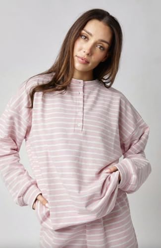 Image of Almere Oversized Cotton Henley Longsleeve Tee, Striped Button Down, Boyfriend Fit