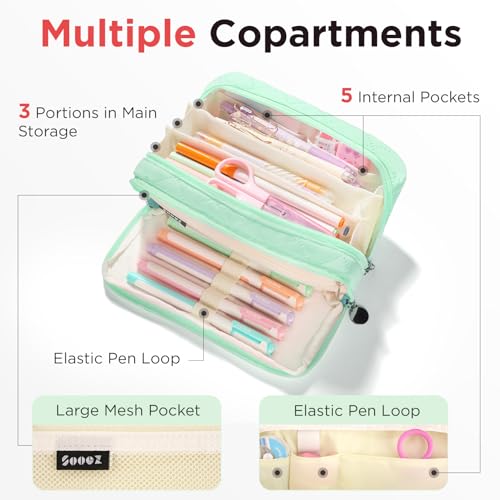 Image of Sooez Large Pencil Case Pouch, Extra Big Pencil Bag with 8 Compartments, Pen Bag Wide Opening, Soft Quilted Pencil Pouch Organizer with Zipper, Portable Pencil Case for Teen Girls, Green