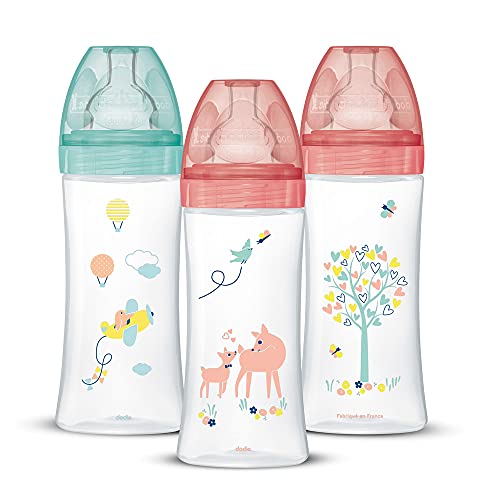 Dodie filles Lot de 3 Biberons Anti-colique Sensation plus, Fille, 330 ml, +6 mois, Tétine Plate, Débit 3, Rose Pastel, 3 Unité (Lot de 1)