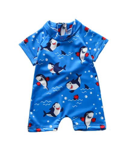 Image of Baby Boy Swimsuit One Piece Short Sleeve Zipper Swimwear Toddler Bathing Suit Rash Guard Swimwear Beachwear Sunsuit (Sea Blue, 6-12 Months)