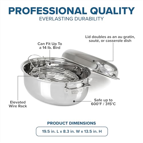 Image of Viking 3-Ply Oval Roasting Pan, 8.5 Quart, Stainless Steel Kitchen Cookware with Metal Induction Lid and Rack, Great for Turkey, Dishwasher and Oven Safe, Silver
