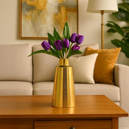 Image of Market99 Golden Metal Flower Holder |Truncated Cone Shape Vase with Ribbed Design & Glossy Texture|Decorative Accent for Tabletop, Living Room, Corner, Shelf & Gifting|A modern luxury for every corner