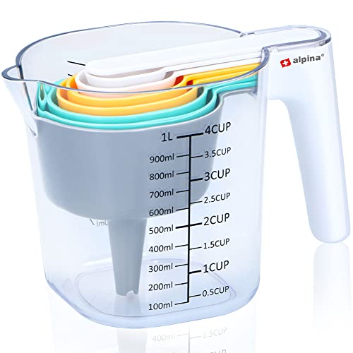 BAKAJI Set 8 Accessori per Cucinare con Caraffa Graduata, Brocca da 1 Litro, Misurini e Cucchiai di Precisione, Ideale per Dolci, Dosatori, Accessori da Cucina Misurino Antiscivolo Impilabile