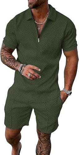 Kubsid Army Green L Men Track Suits 2 Piece Set Summer Casual Outfits Fashion Polo Shirts Short Sleeve and Shorts Set Vacation Clothes