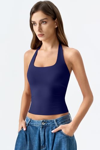 Image of QINSEN Womens Halter Top Double Lined Tank Top Sleeveless Open Back Slim fit Going Out Tops