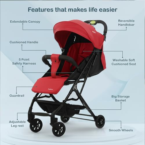 Image of BAYBEE Baby Stroller With 2 in 1 Bassinet & Seat Mode with Parent Handle Bar, 360 Swivel Wheels, 3 Position Recline, Leg Rest, Canopy for Sun Shade & Storage Basket, Ideal Travel Friendly Strollers for Boy Girl (Red)