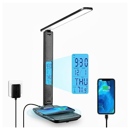 Bordslampa LED med 10W Trådlös Laddare Och USB-laddningsport, LAOPAO Skrivbordslampa 3 Färger, 3 Ljusstyrka, Tid, Temperatur, Klockfunktion för Hemmakontor Läsning Arbetsstudier(Svart)