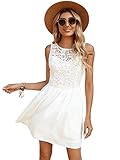 SheIn Damen A-Linie Kleid Spitzenkleid Partykleid Rundhals Ämrellos Minikleid Elegant Swing Kleider Weiß L