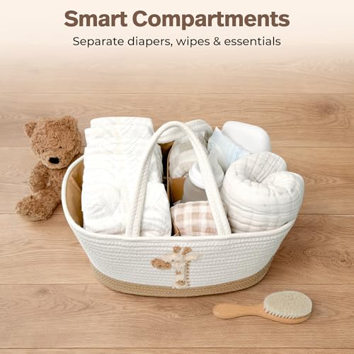 Image of Baby Diaper Caddy Organizer - Giraffe Safari Nursery Storage Rope Basket | Spacious diaper caddy organizer with 3 compartments for 30+ diapers, wipes, creams, bottles and burp cloths