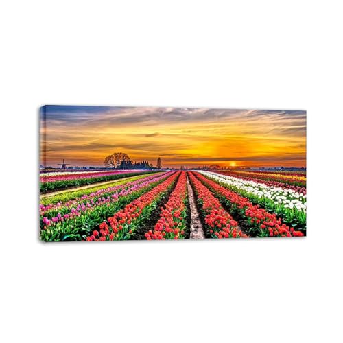 Peinture de paysage naturel avec mer de fleurs sur toile 30 x 60 cm