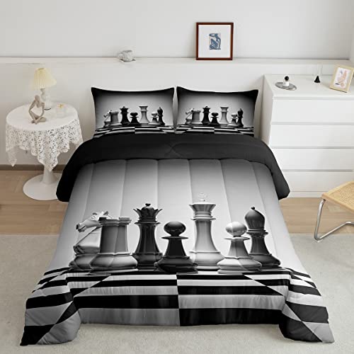 Image of Feelyou International Chess Comforter Set Chess Board Bedding Set for Kids Boys Teens Cool Games Comforter Geometric Grid Quilt 1 Comforter Set with 2 Pillowcases Queen Size Boys