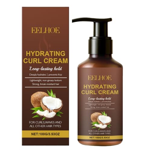 Hydrating Curl Cream, Feuchtigkeitsspendende Lockencreme, mit Kokosöl, Locken Creme, Volumen Lockencreme, Vegane Lockenpflege für Naturlocken, Reduziert Frizz und Verleiht Glanz, 100 gl