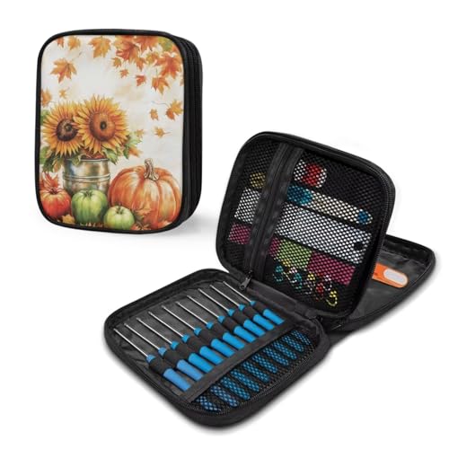 Image of Maple Leaf Pumpkin Crochet Hook Case Fall Knitting Needle Storage with Web Pockets for Home Park Hand Washable Autumn Gifts